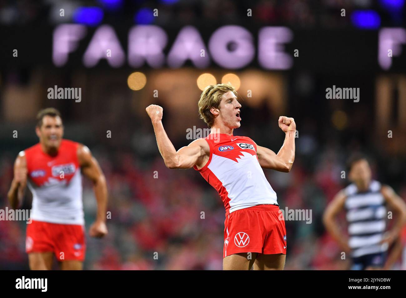 Dylan Stephens Dylan Stephens of the Swans celebrates his goal during the Round 7 AFL ...