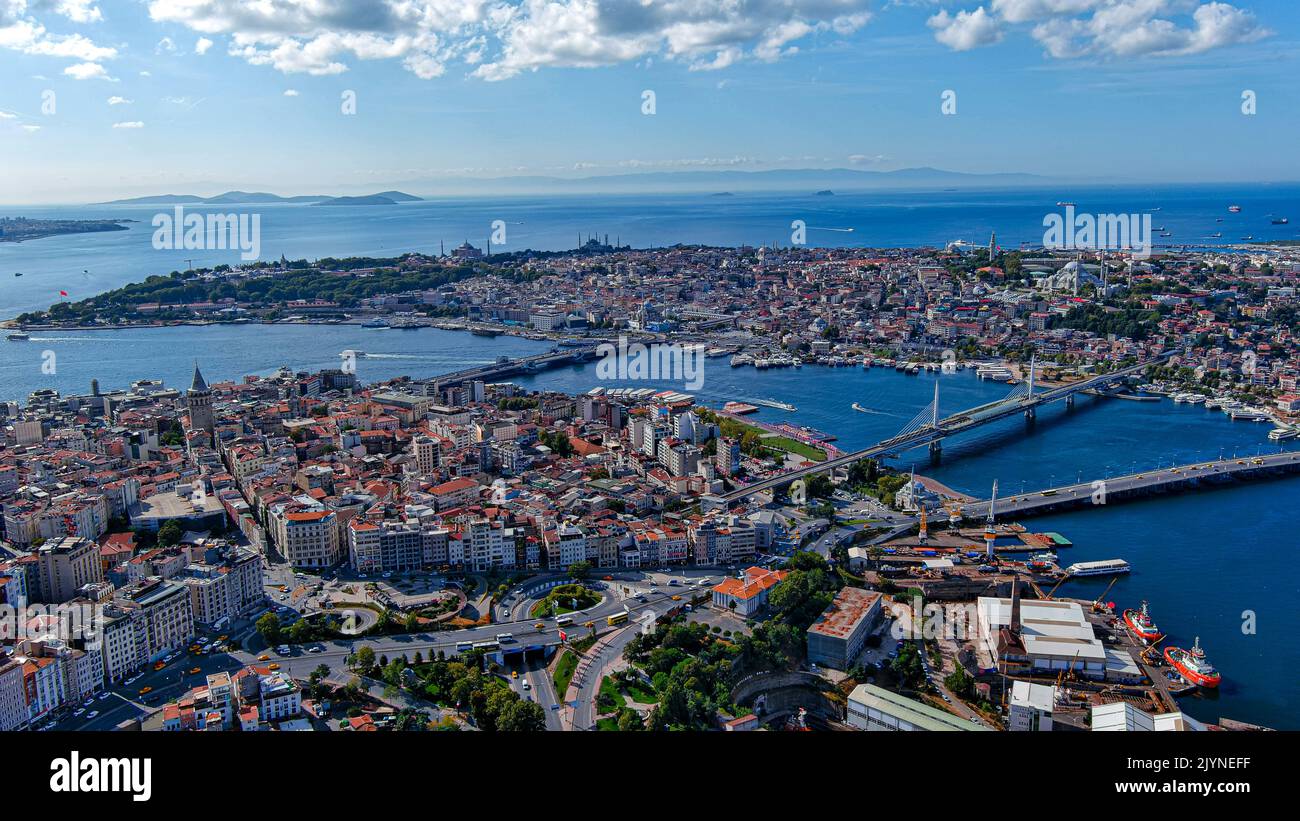 Aerial view of Galata Tower and old city of Istanbul, Turkey ft. Karakoy and Eminonu districts from above and historic neighborhood from Ottoman Empir Stock Photo