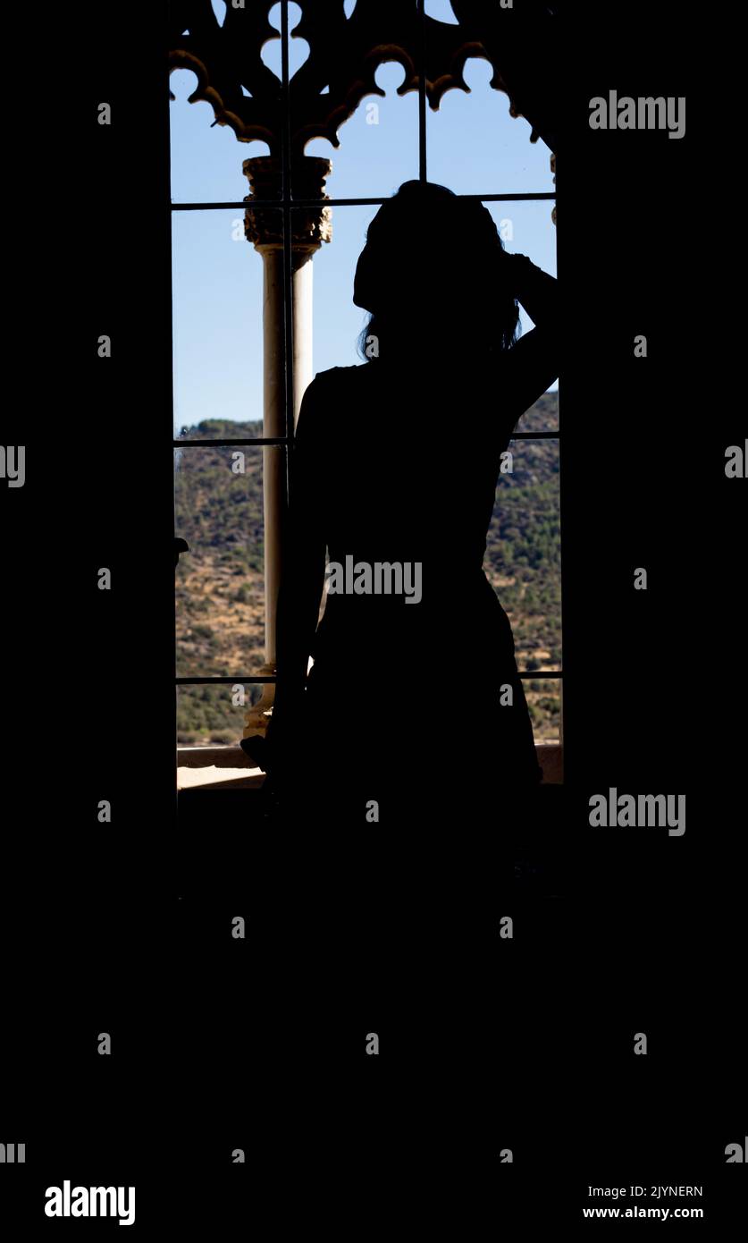 Silhouette of Woman stading in front of window looking to the horizon Stock Photo