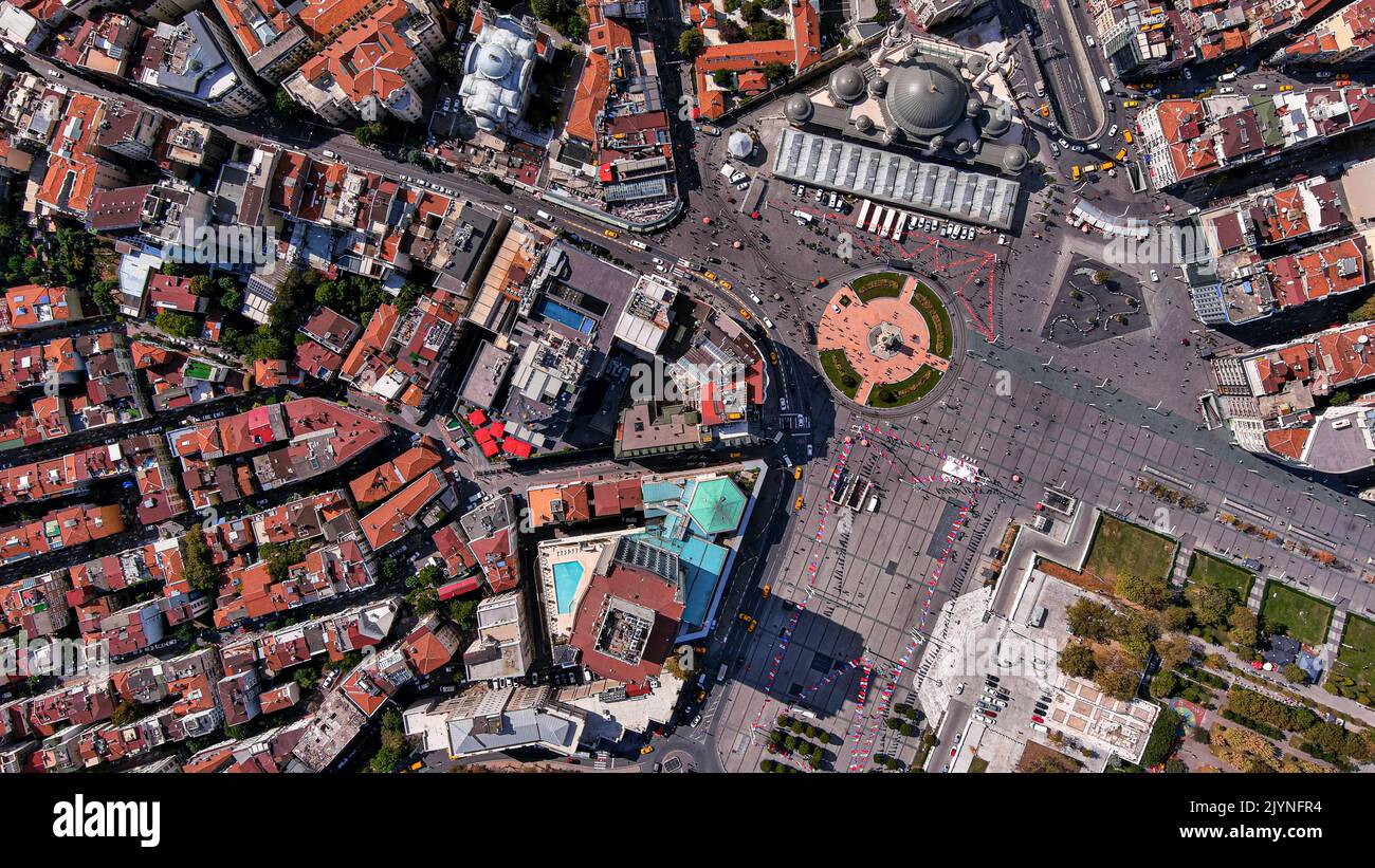 Taksim Square in Beyoglu district of Istanbul 6K bird's eye view of the French Consulate, Taksim Mosque, Gezi Park, Greek Church and Istiklal Street Stock Photo