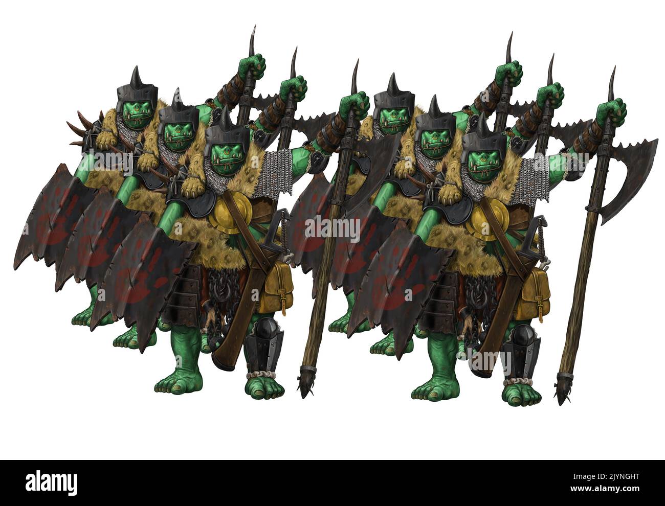 Army of orcs. Fantasy creature - orc. Goblin with ax drawing. Stock Photo