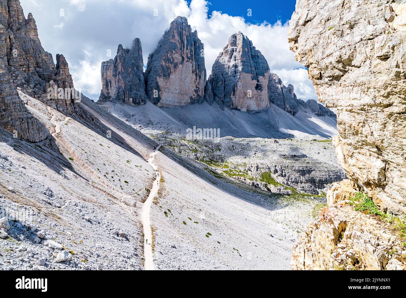 Three peaks of the Drei Zinnen (Tre Cime di Lavaredo) in the Dolomite Alps in northern Italy seen from climb trip to Paternkofel (Monte Paterno) Stock Photo