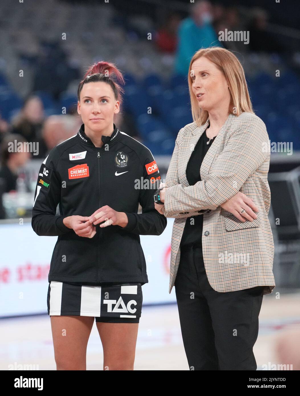 Kelsey Browne of the Magpies and Nicole Richardson, coach of the Magpies  talk before the Round 3 Super Netball match between the Collingwood Magpies  and Adelaide Thunderbirds at John Cain Arena in