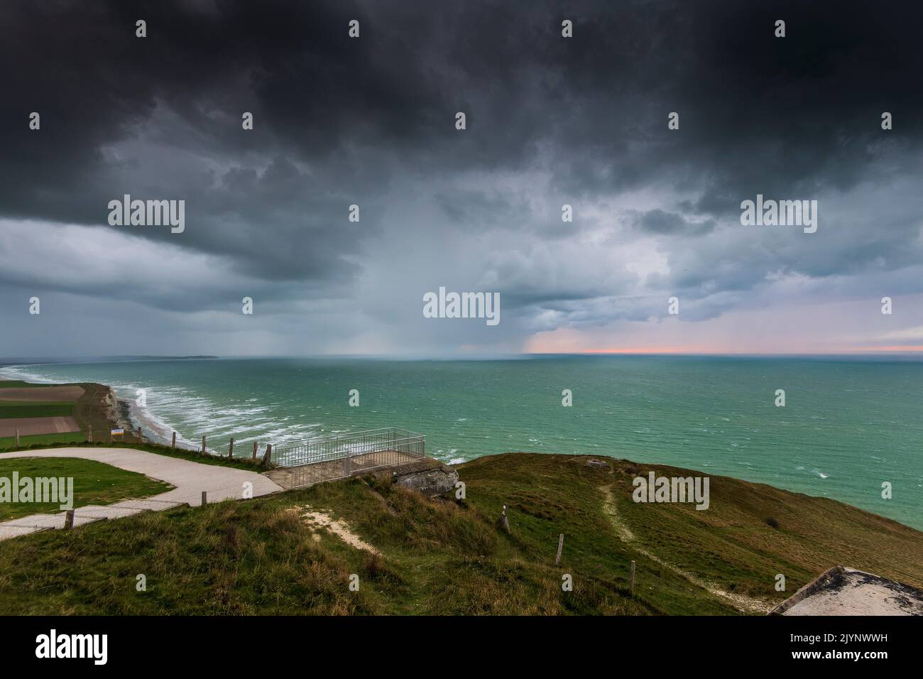 Thunderstorm over the sea in front of Cap Blanc-nez, Opal Coast, Pas de Calais, France Stock Photo