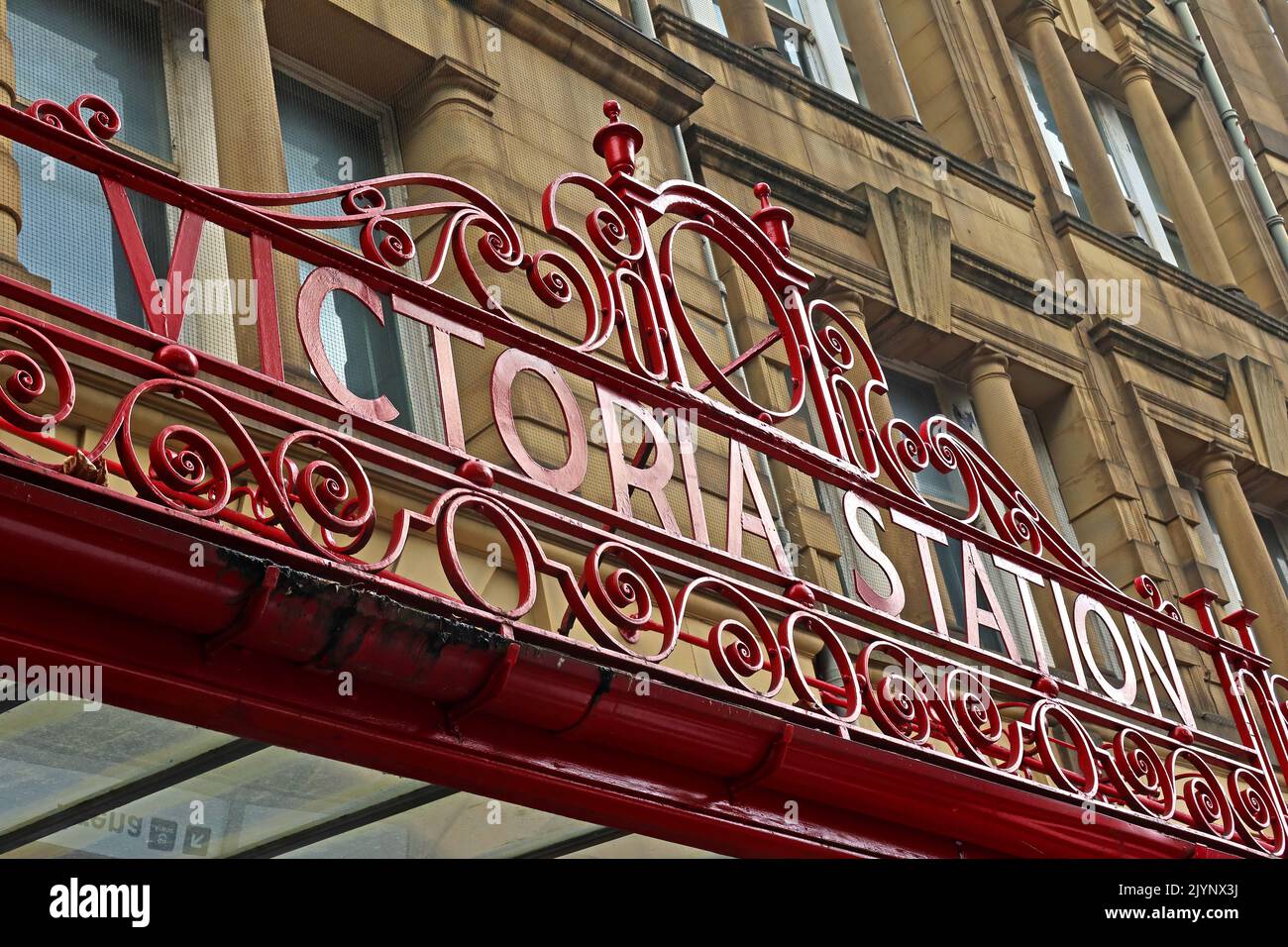Victoria Station - Art Nouveau, lettering,words showing M&LR and L&YR destination on ornate glass & iron canopy, Manchester Victoria railway station Stock Photo