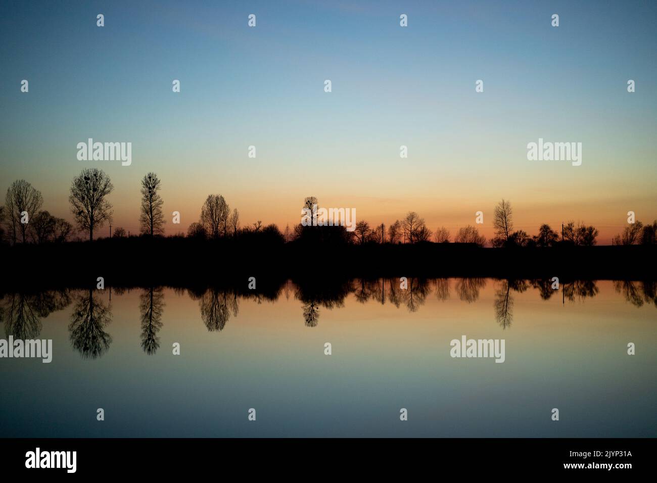 silhouette and reflection of trees by the lake at sunset Stock Photo ...