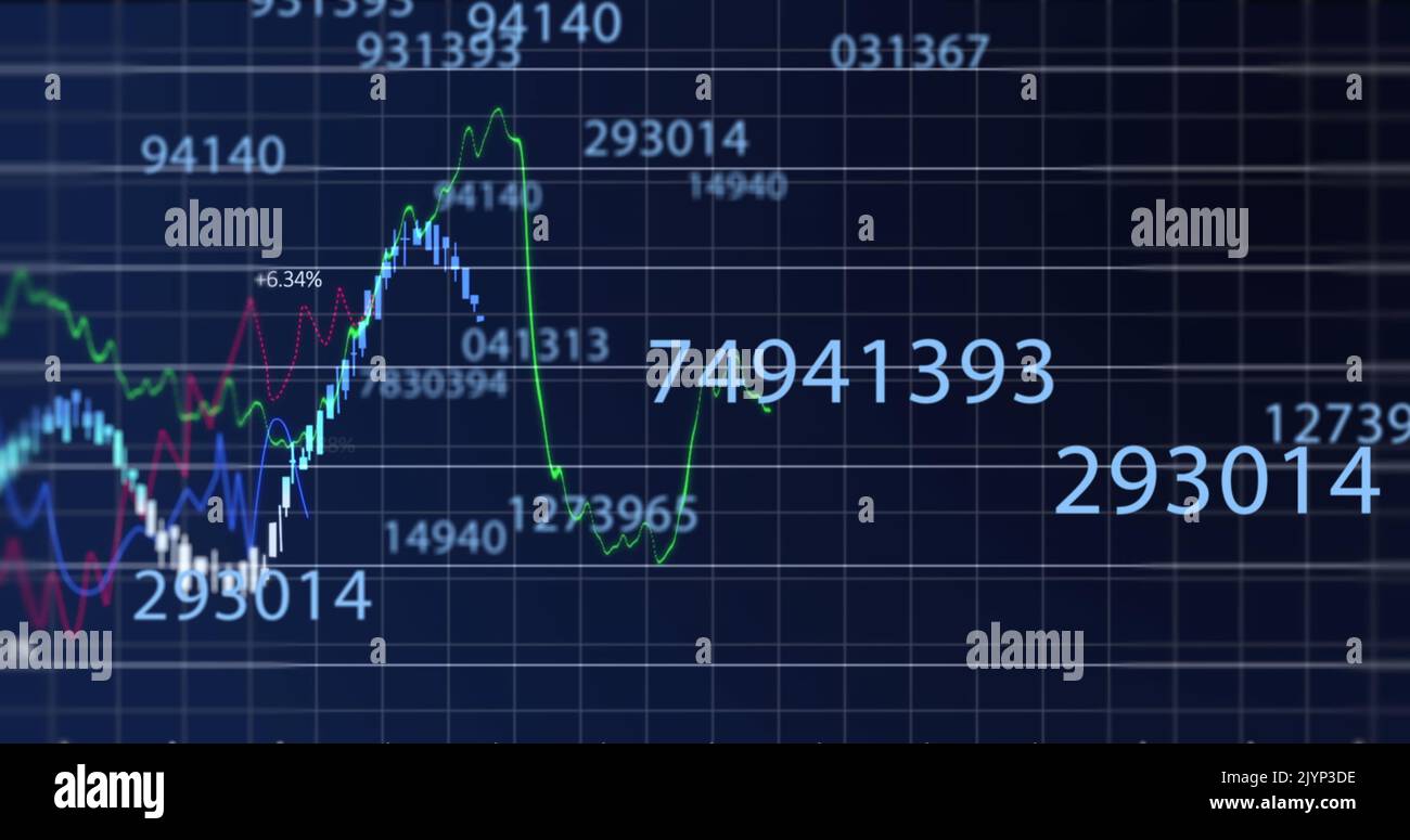 Multiple numbers changing over financial data processing against blue background Stock Photo