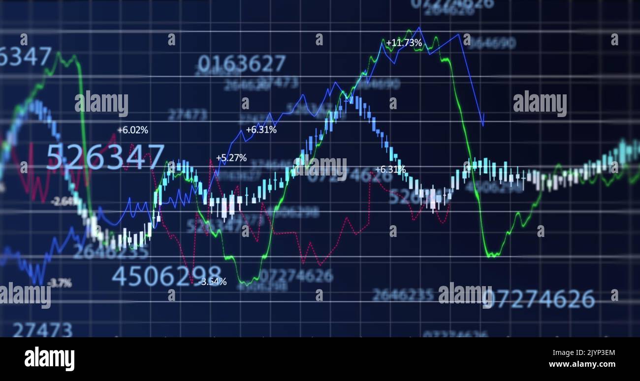 Multiple numbers changing over financial data processing against blue background Stock Photo