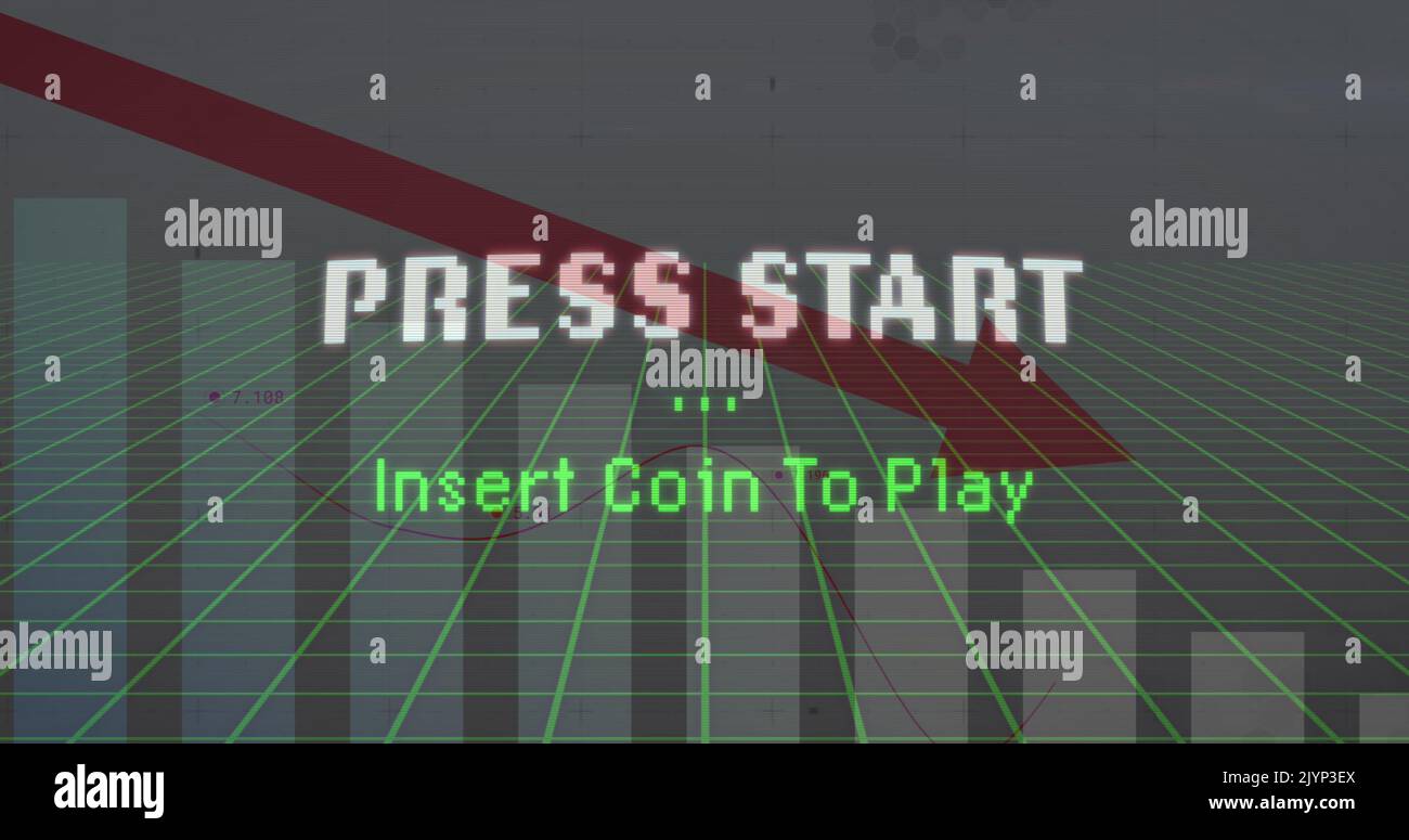 Image of press start text over graphs and statistics Stock Photo