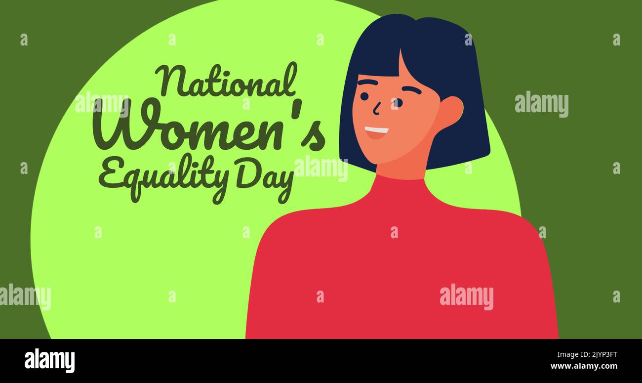 Image of woman smiling over national women's equality day text Stock Photo