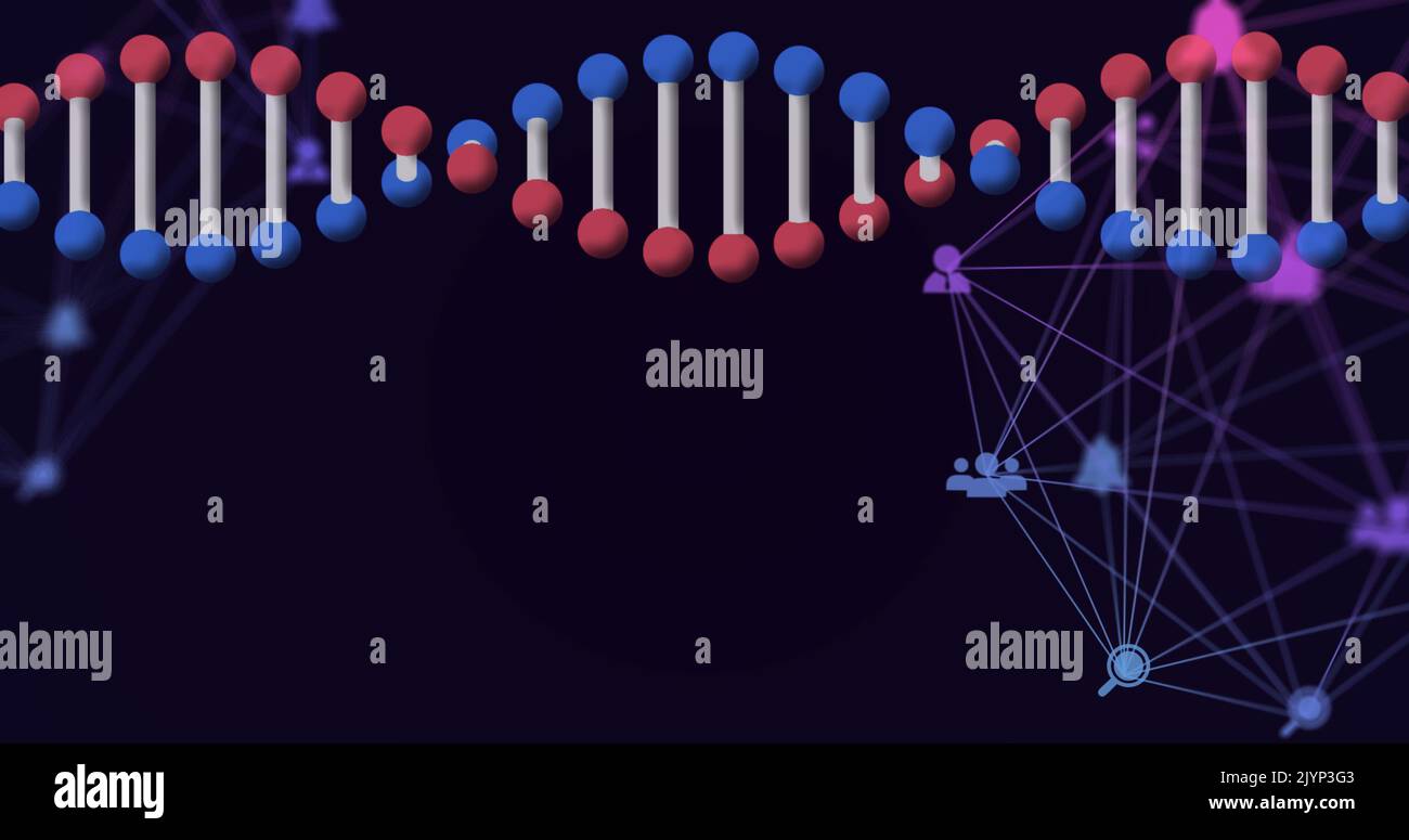 Image of rotating 3d dna strand, with network of connected icons on