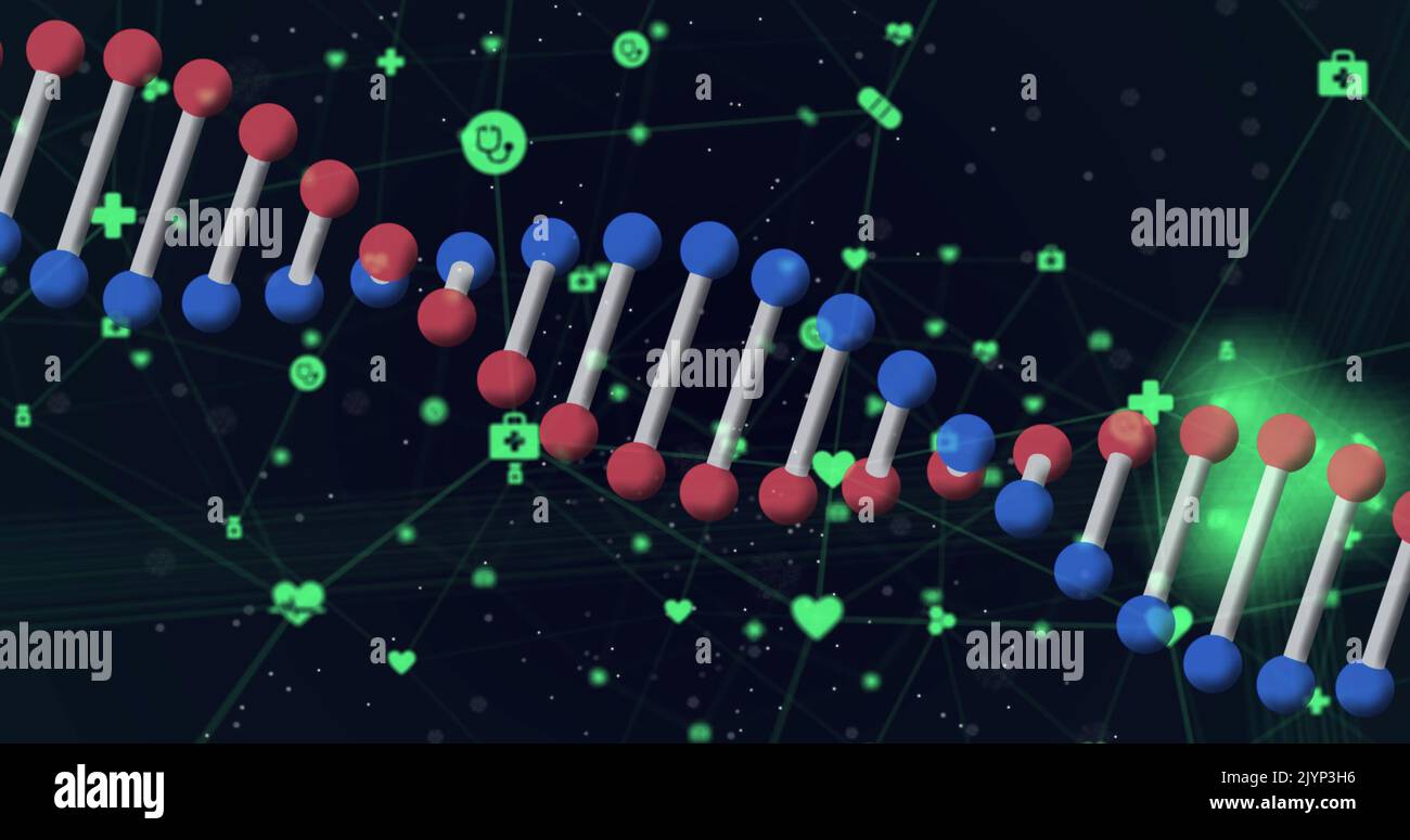 Image of rotating 3d dna strand, with network of green icons on black ...