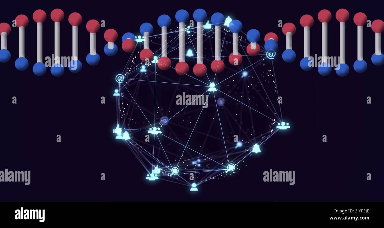 Image of rotating 3d dna strand, with globe network of connected icons