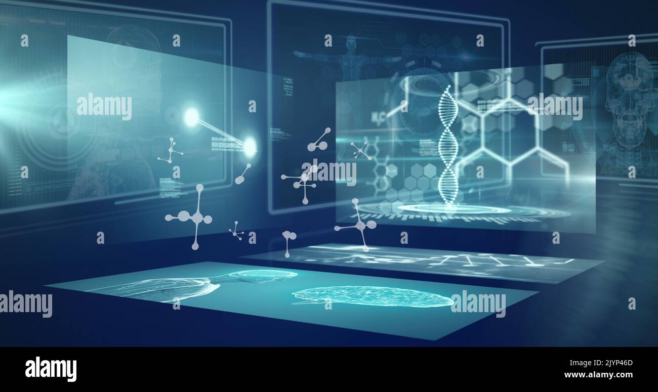 Image of molecules and data processing over digital screens Stock Photo