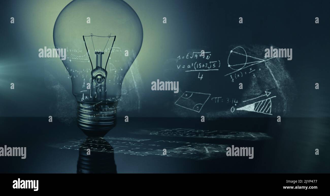 Image of light bulb with scientific formulae and data processing Stock