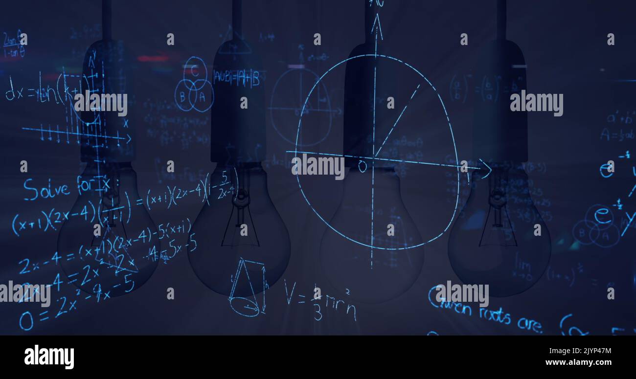 Image of light bulbs with scientific formulae and data processing Stock