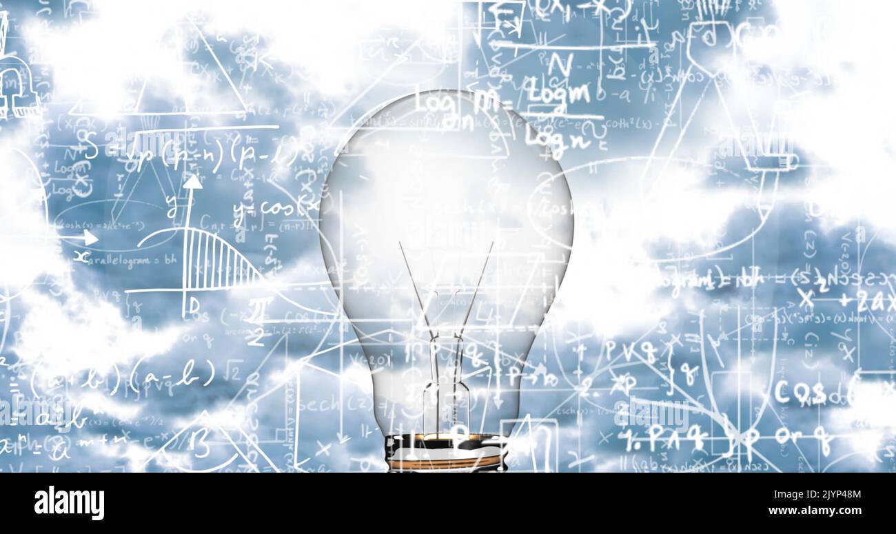 Image of light bulb with scientific formulae and data processing Stock