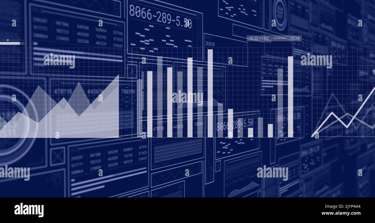 Image of digital data processing over dark blue background Stock Photo ...