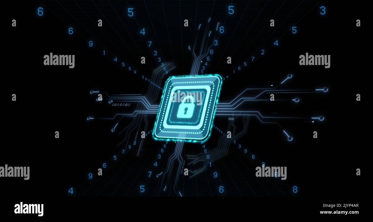 Image of digital data processing and security padlock over black ...