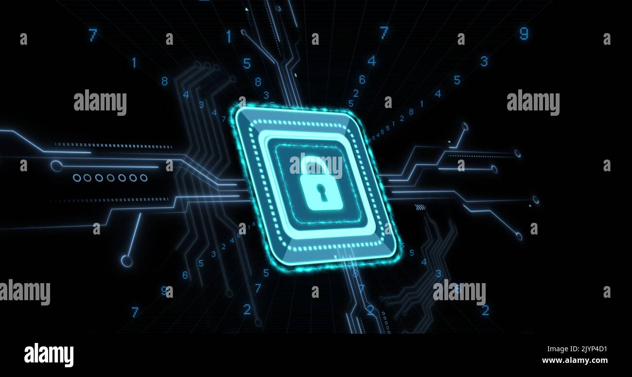 Image of digital data processing and security padlock over black ...