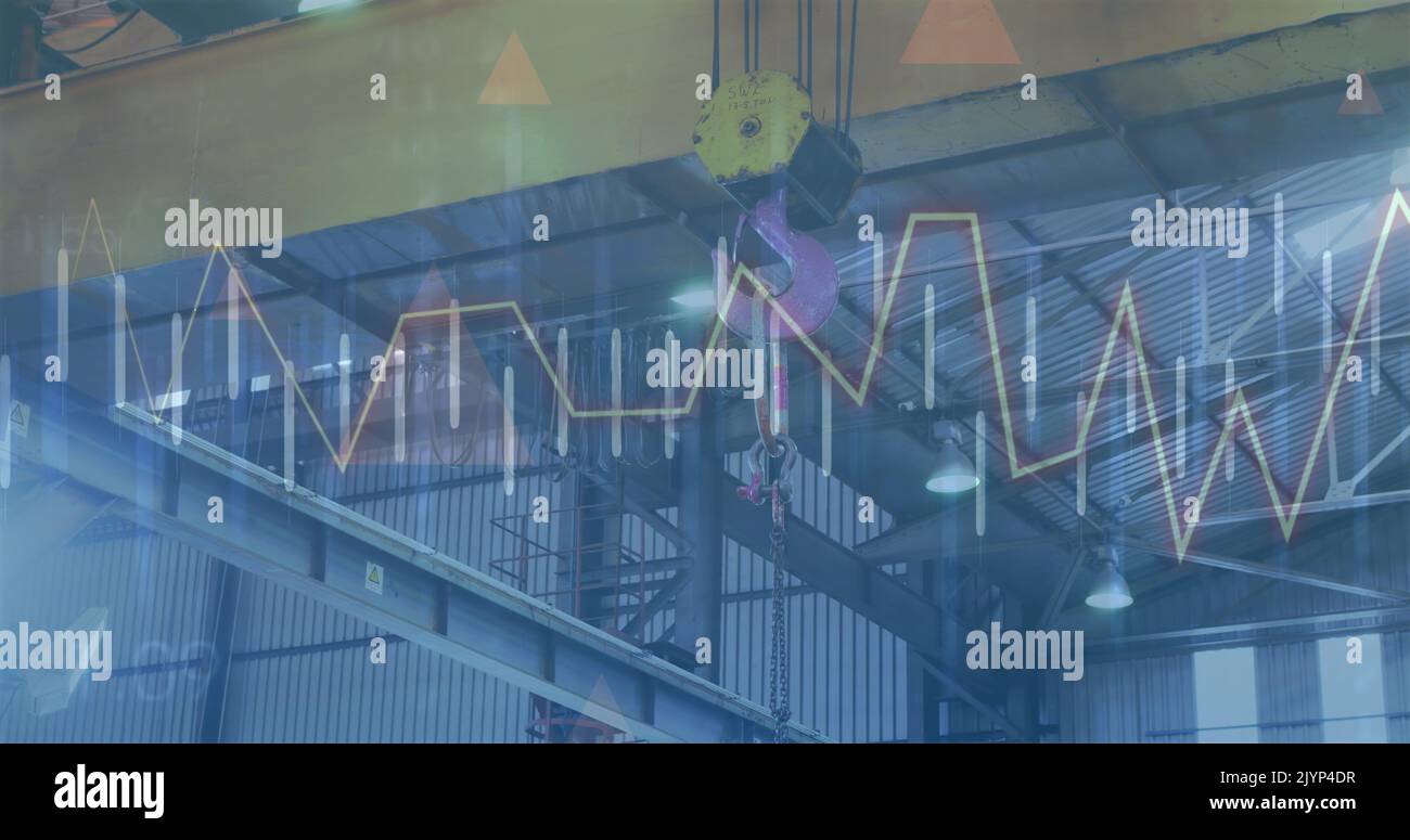 Image of digital data processing and glowing lights over crane Stock Photo