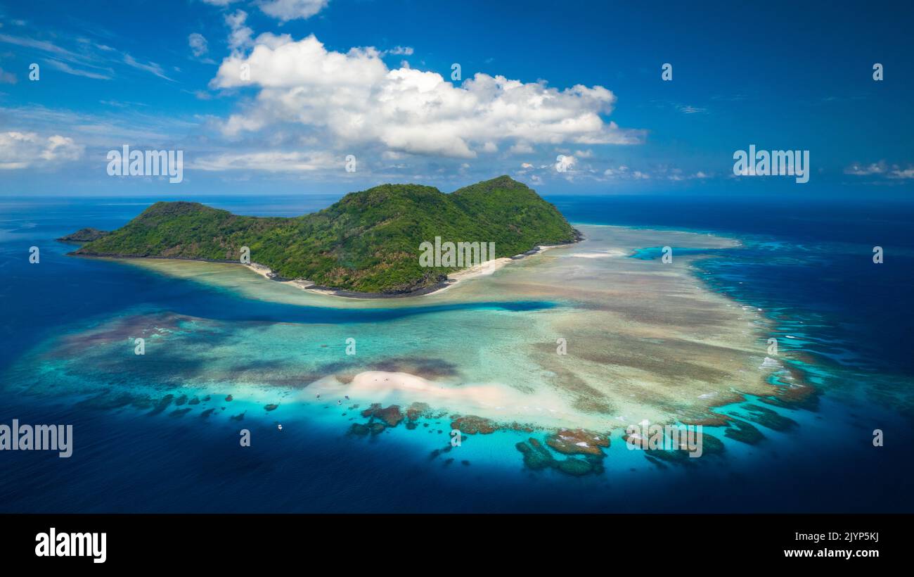 Aerial view of the islet M'Tsamboro and its magnificent reef, Mayotte Stock Photo
