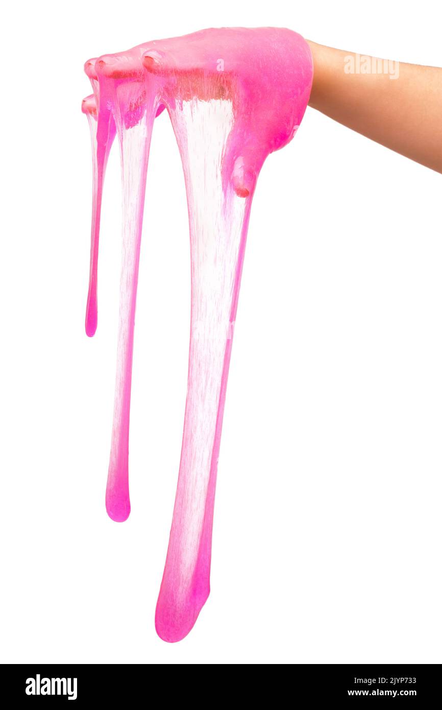 a toy for children mucus and liquid flowing on hand on a white background Stock Photo