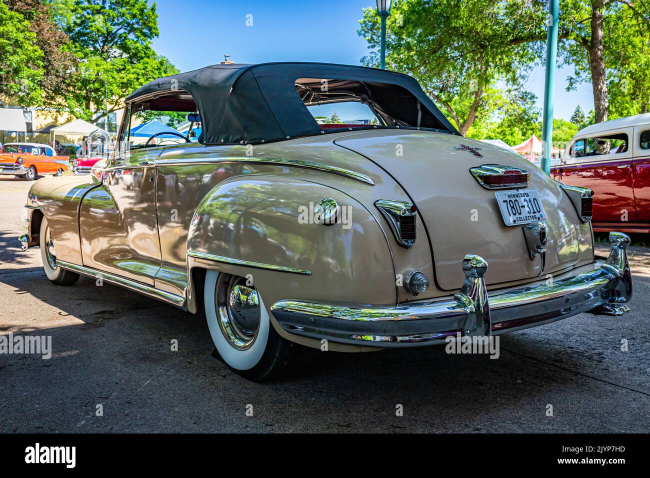Falcon Heights, MN - June 17, 2022: Low perspective rear corner view of a 1947 Chrysler New Yorker Highlander Convertible at a local car show. Stock Photo