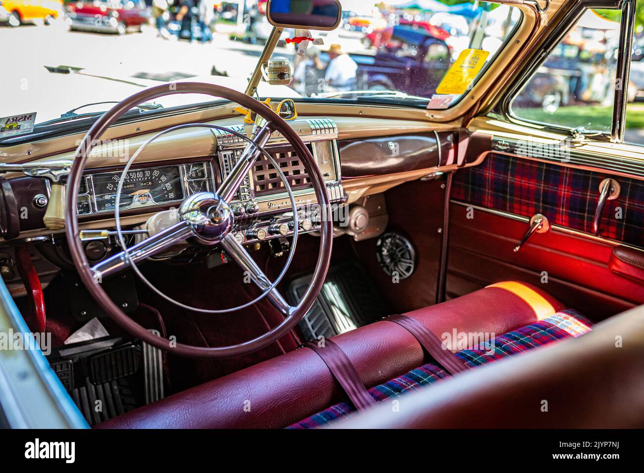Falcon Heights, MN - June 17, 2022: Close up detail interior view of a 1947 Chrysler New Yorker Highlander Convertible at a local car show. Stock Photo