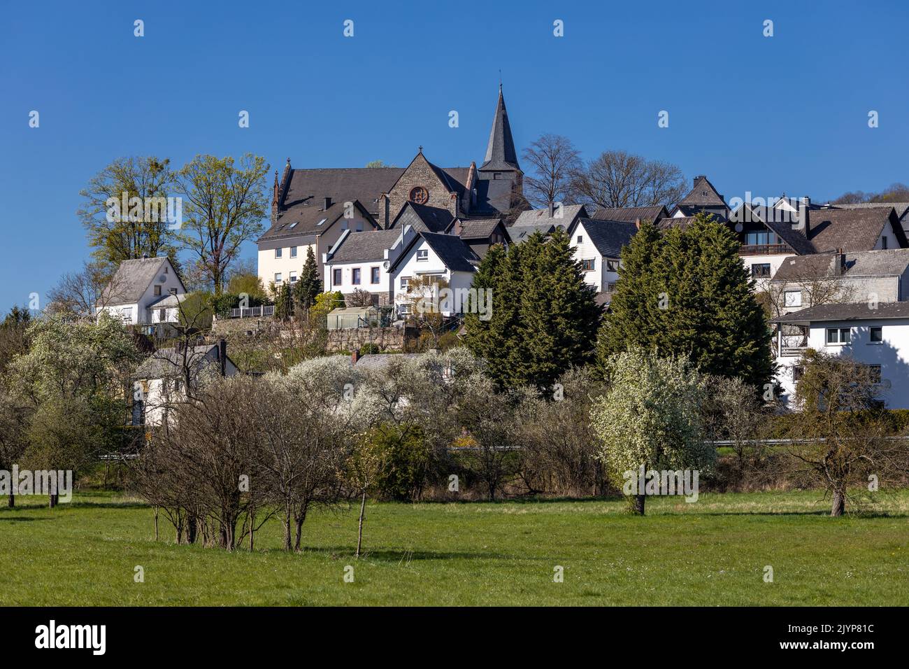 Dillheim, former village, with protestant neo-gothic Jesus Christ Church, since 1970 local district of municipality Ehringshausen, Hesse, Germany Stock Photo