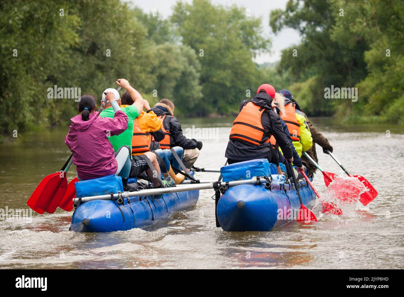 competition of teams on catamarans on the river, rafting Stock Photo ...