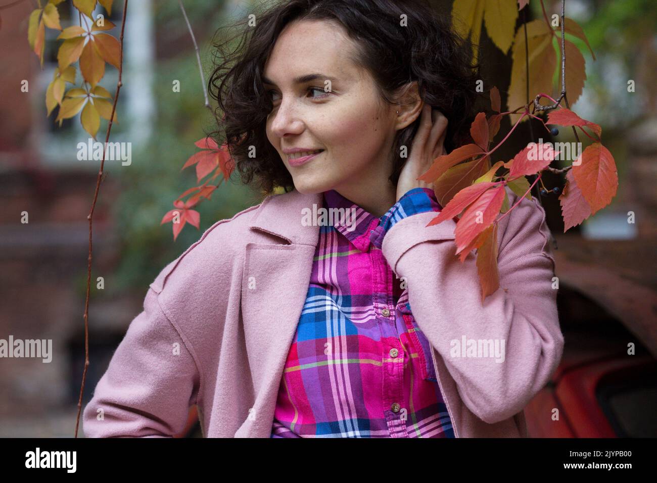 portrait of a beautiful happy smiling girl at the outdoor. Autumn Stock ...