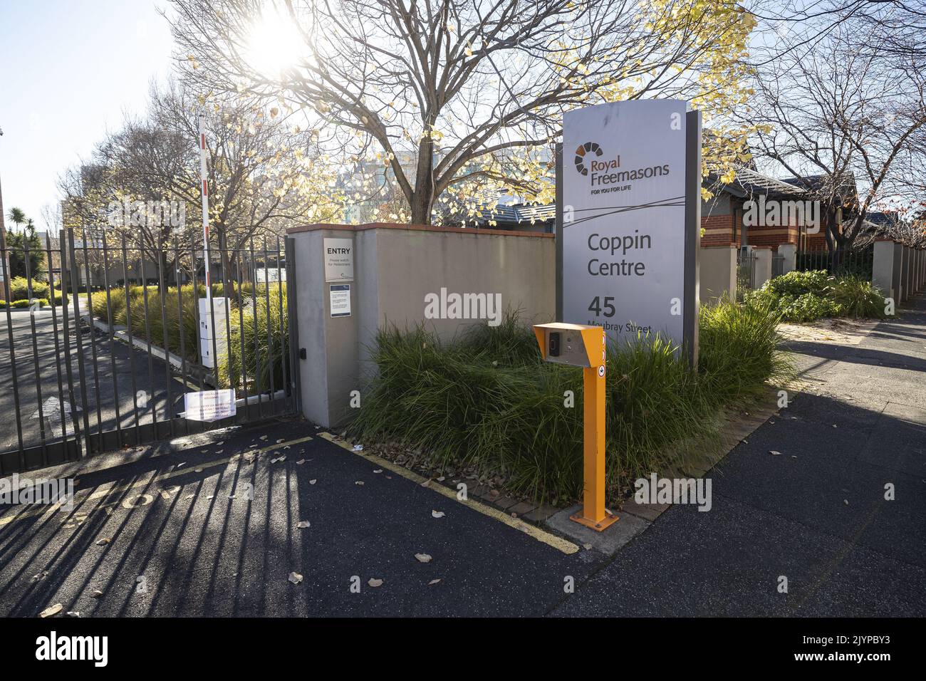 Signage for Royal Freemasons Coppin Centre is seen in Melbourne, Monday