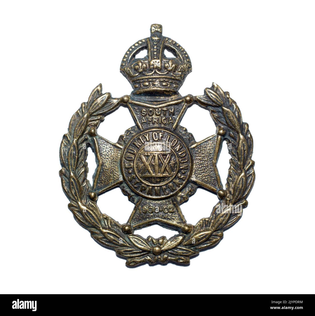 A cap badge of the 19th (County of London) Battalion, London Regiment (St Pancras) as issued c.1901-1935. Stock Photo