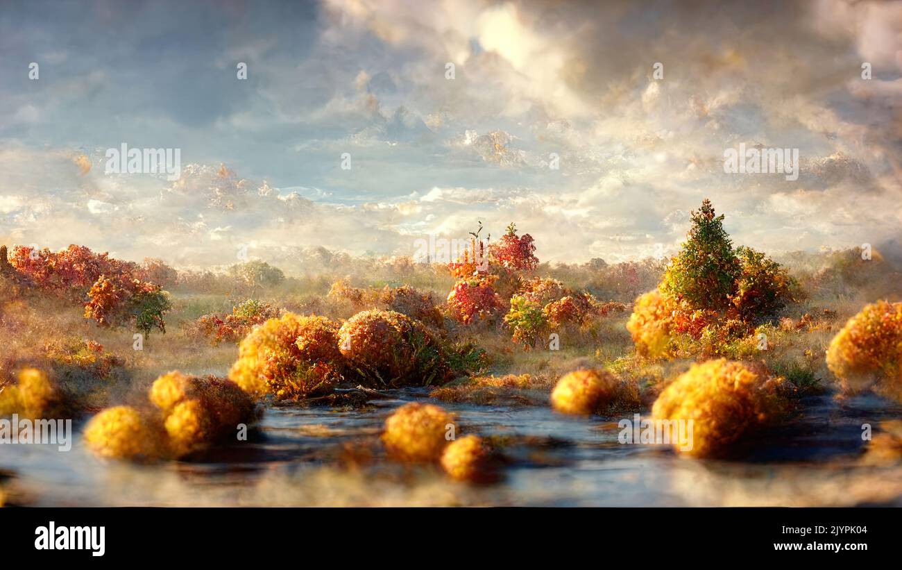 abstract fabulous autumn landscape with trees in golden foliage and ...