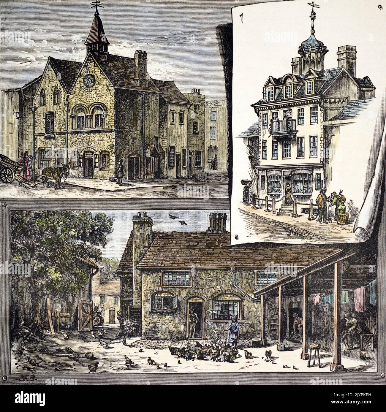 Historical views of Bury, Suffolk, England, UK c.1898. Top left: The Jews' House, now known as Moyses Hall; top right: Cupola House; bottom: the old White Hart. Stock Photo