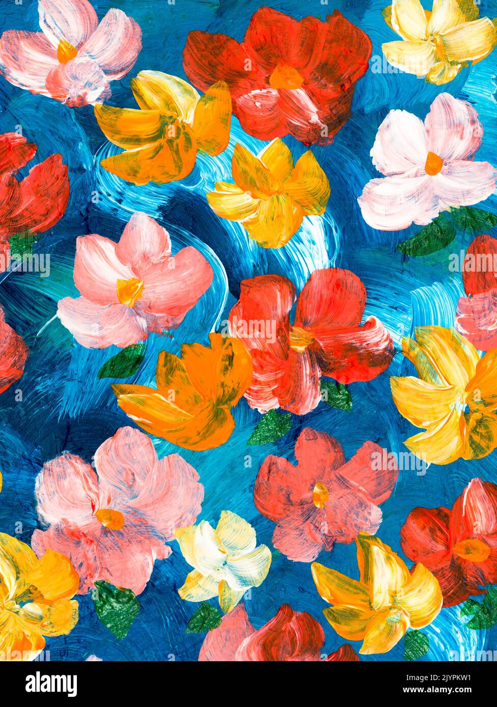 Abstract painting red and yellow flowers, original hand drawn