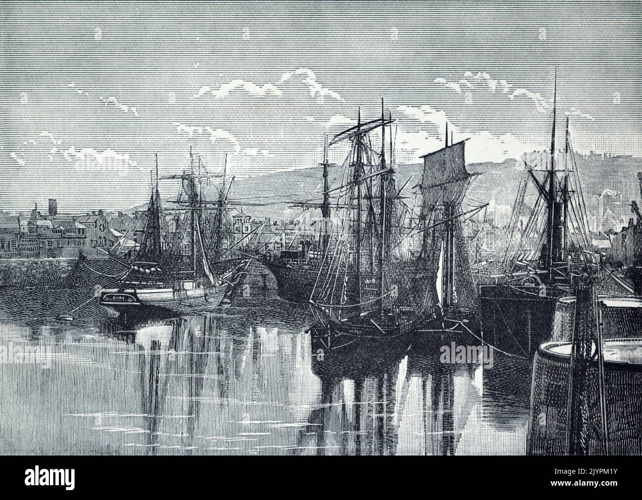 A historical view of the docks of Whitehaven, Cumberland, England, UK ...