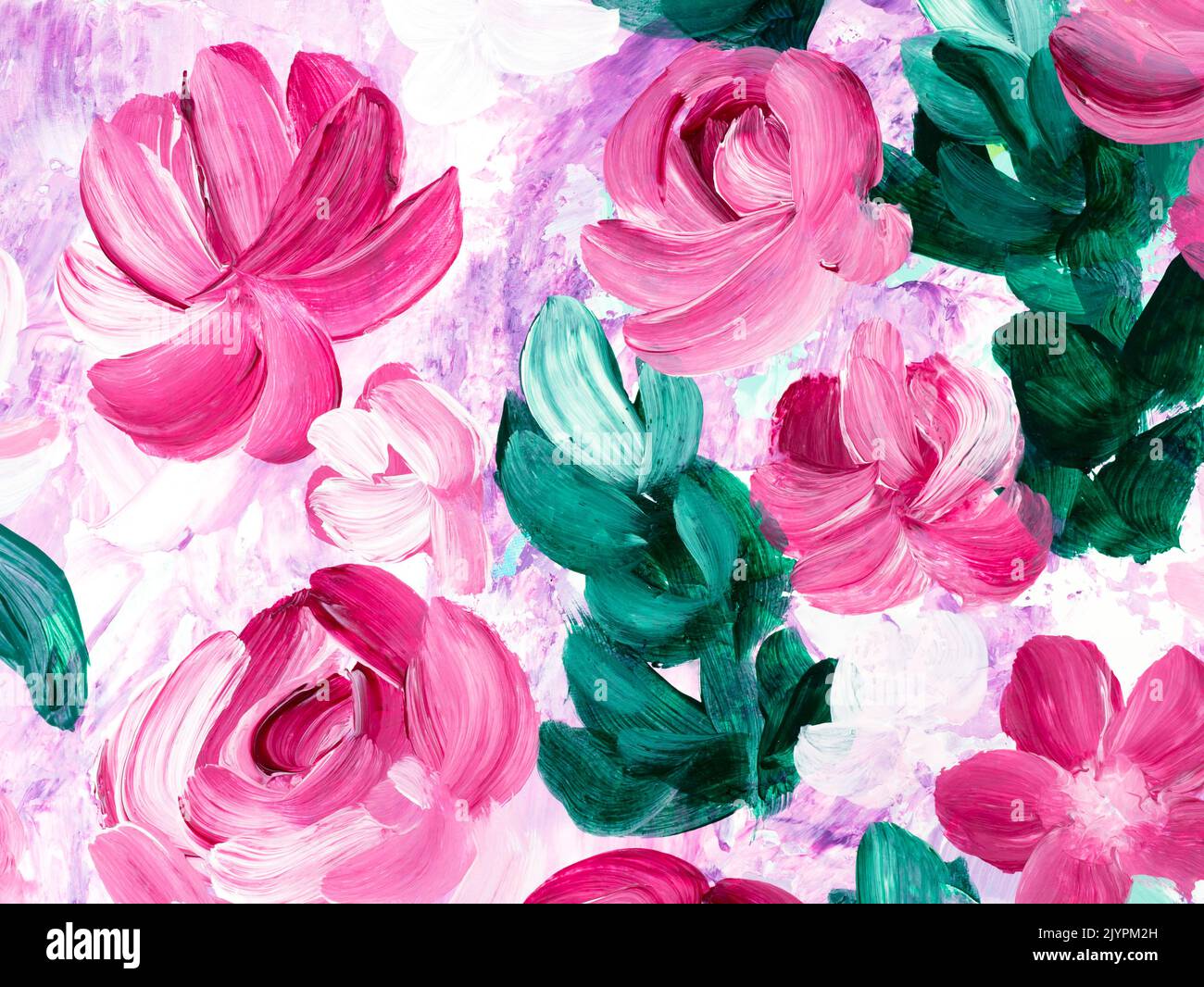 Abstract painting pink flowers, original hand drawn, impressionism style, color texture