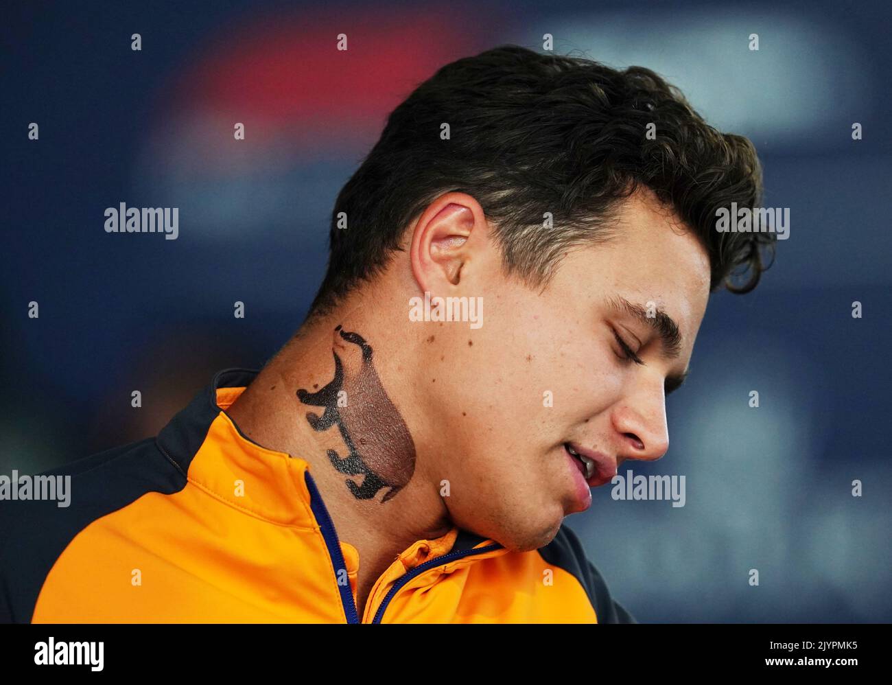 McLaren's Lando Norris with a Badger tattoo on his neck during the preparation day at the Italian Grand Prix, Monza. Picture date: Thursday September 8, 2022. Stock Photo