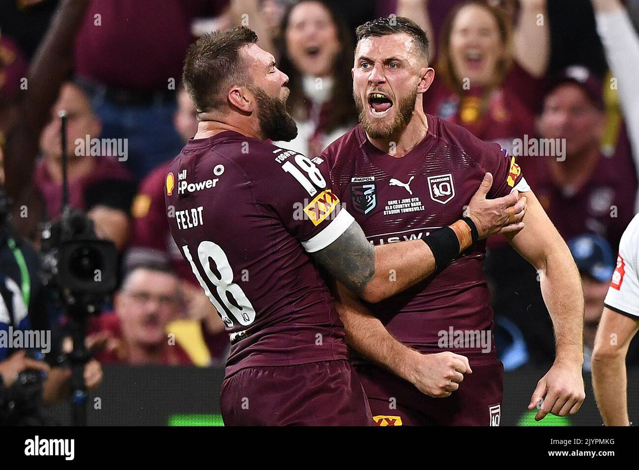 Kurt Capewell of the Maroons celebrates after scoring a try during Game