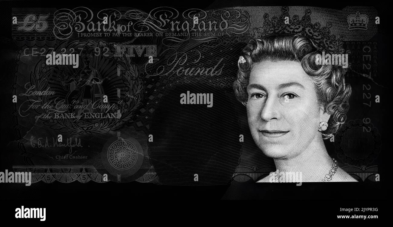 Her Majesty the Queen Elizabeth II depicted on a Black £5 Pound Bank of England Banknote. Illustration portrait concept image Stock Photo