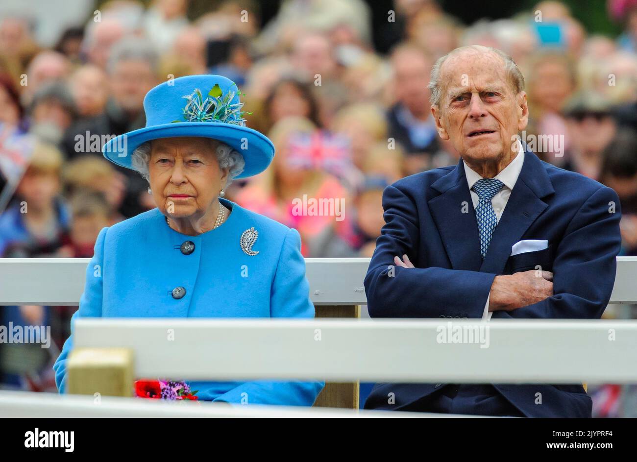 FILE: Poundbury, Dorset, UK.  8th September 2022.  File picture of HM Queen Elizabeth II at Poundbury in Dorset sitting by Prince Phillip The Duke of Edinburgh on 27th October 2016 for the unveiling of the statue of the Queen Mother.  Queen Elizabeth II health is reported to be in decline and Prince Charles will become king on her death.  Picture Credit: Graham Hunt/Alamy Live News Stock Photo