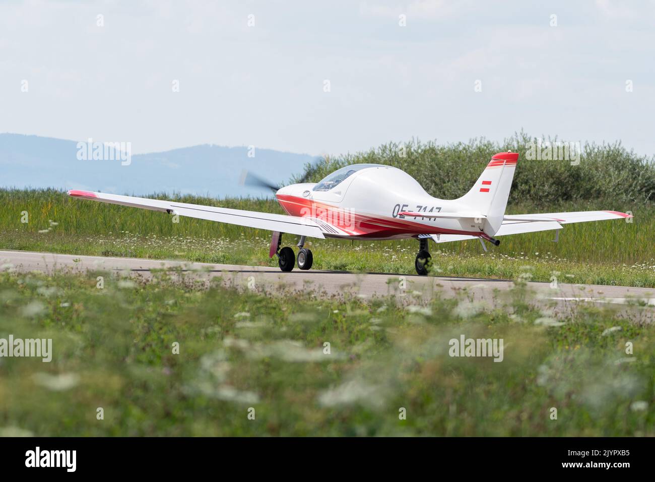 Wangen-Lachen, Switzerland, July 31, 2022 Little propeller plane has just landed on a small airfield Stock Photo