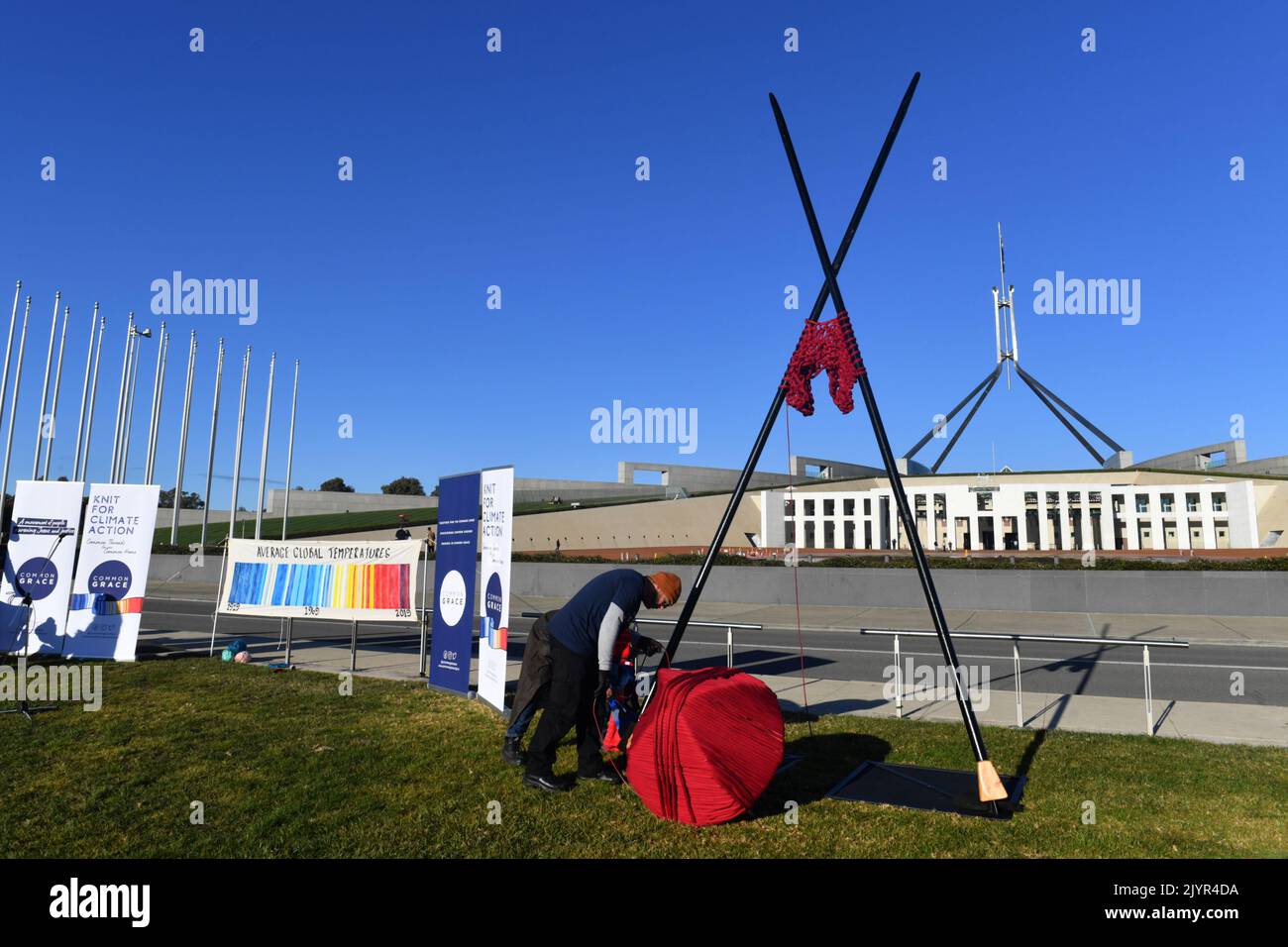A sculpture of the world's longest knitting needle and giant balls of