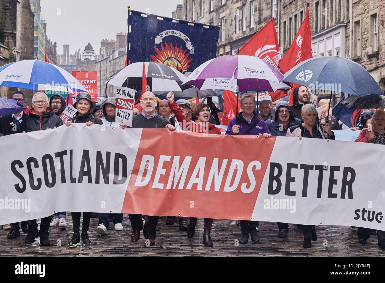 Edinburgh Scotland, UK 08 September 2022. Scottish Trades Union Congress are joined by workers, unions and organisations and march through Edinburgh to the Scottish Parliament to demand a pay rise for public sector workers. credit} Credit: SST/Alamy Live News Stock Photo