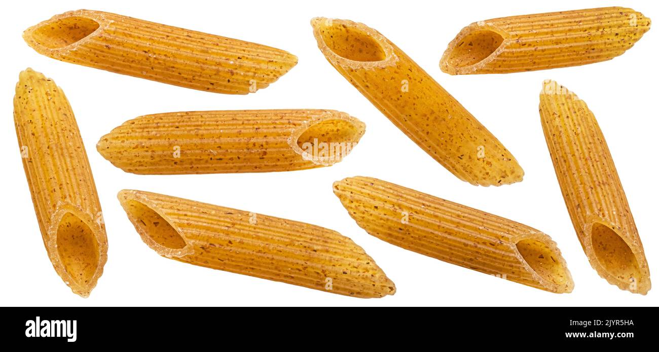Wholegrain penne rigate pasta isolated on white background Stock Photo