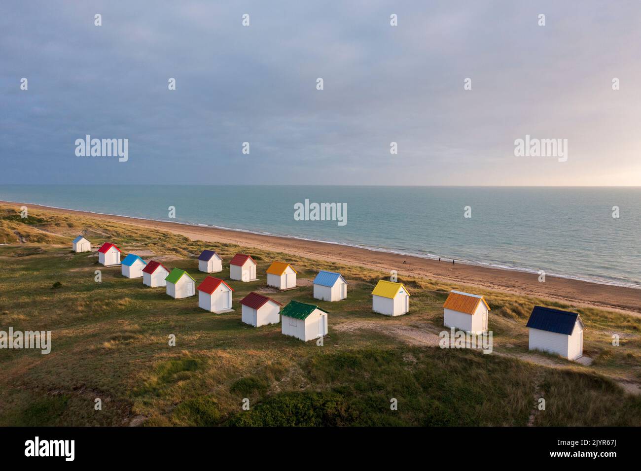 Aerial view of the beach huts in Gouville sur mer, Manche, Cotentin, France Stock Photo