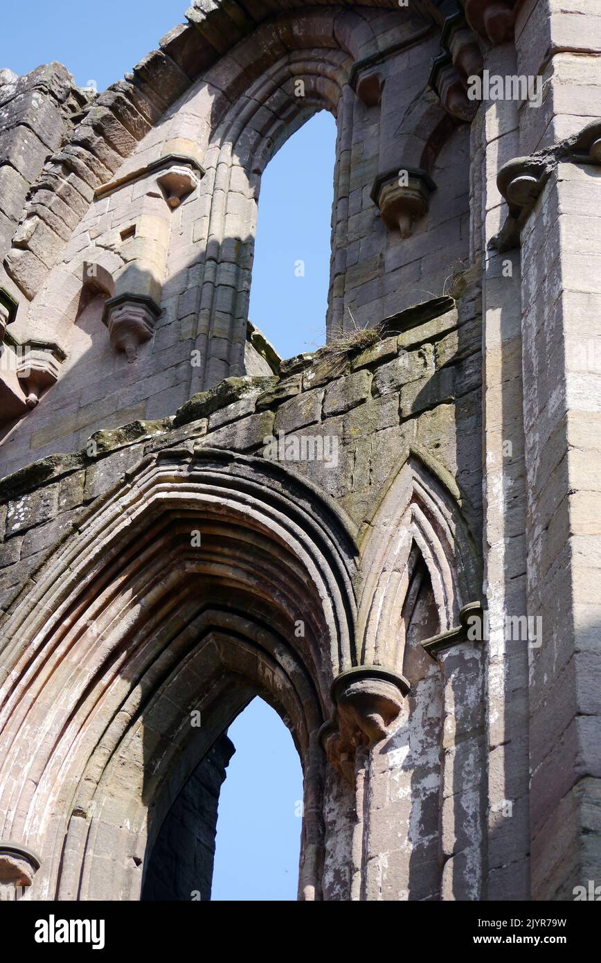 The Remains of Stone Arched Doorway & Windows in the Ruins of Fountains Abbey Cistercian Monastery, North Yorkshire, England, UK. Stock Photo