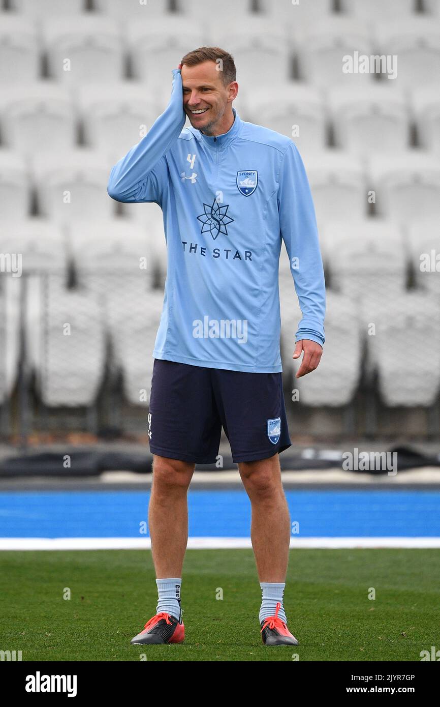 Alex Wilkinson of Sydney FC reacts during a Sydney FC training session ...